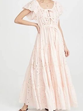 Innika Choo Flutter-Sleeve Pale Pink Maxi Dress with Tie-Front, M